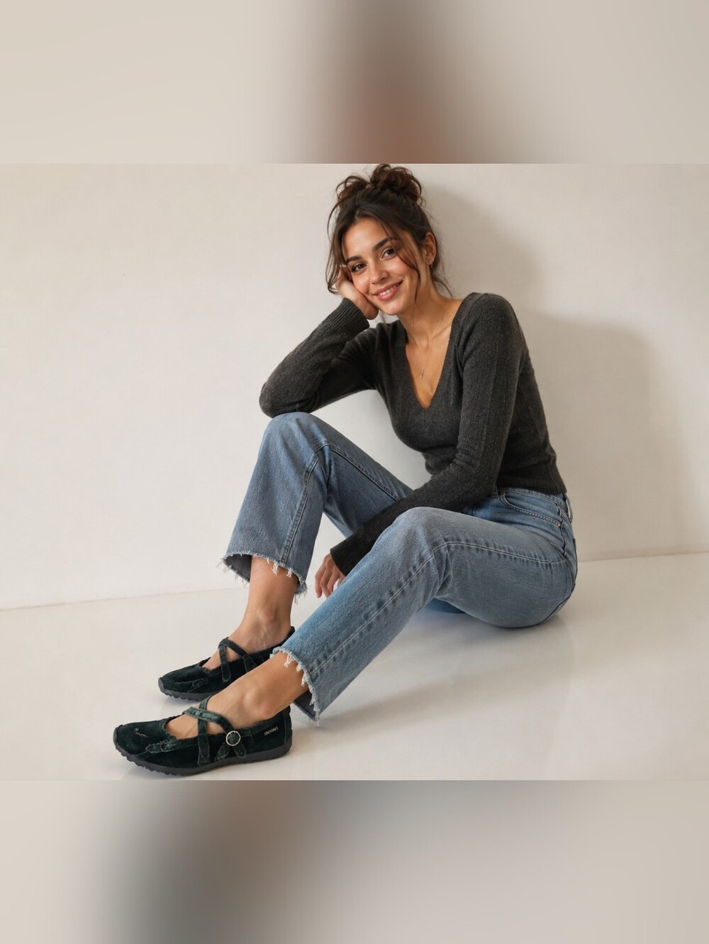 Skechers Mary Jane Genuine Suede Leather Crossover Strap Flat Shoes Black US 8.5